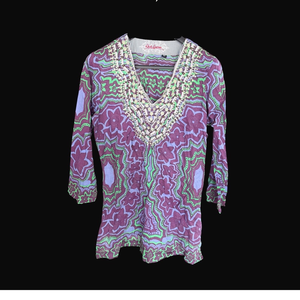 Robert Graham Y2K Purple Green Beaded V-Neck Cotton Tunic Top Sz L‎